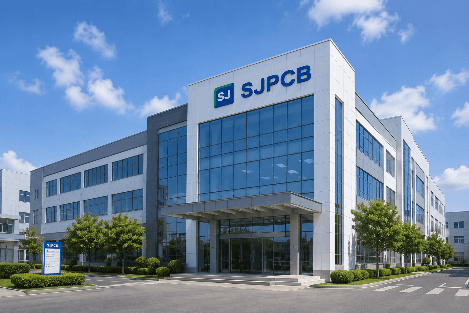 SJPCB modern PCB factory exterior with SJPCB company signage in Shenzhen China