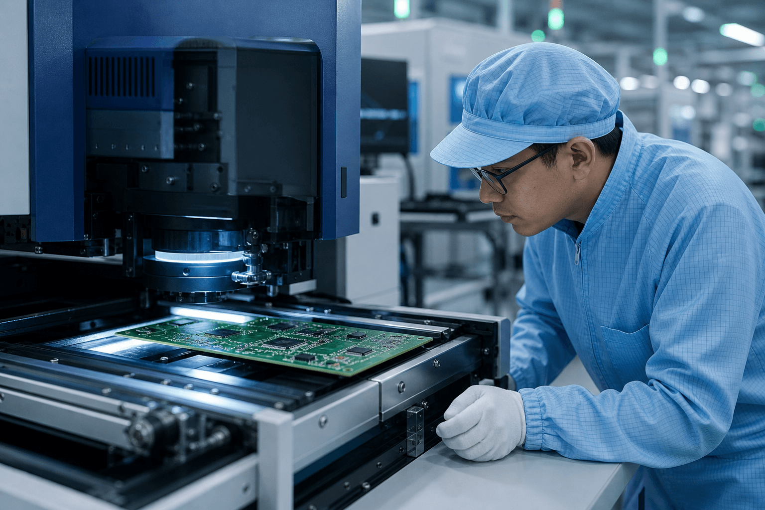 Quality engineer inspecting a PCB board with automated optical inspection equipment