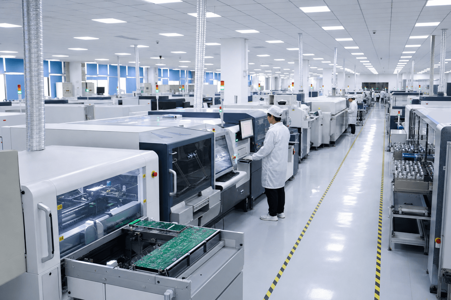 Modern SMT factory workshop with multiple PCB assembly production lines