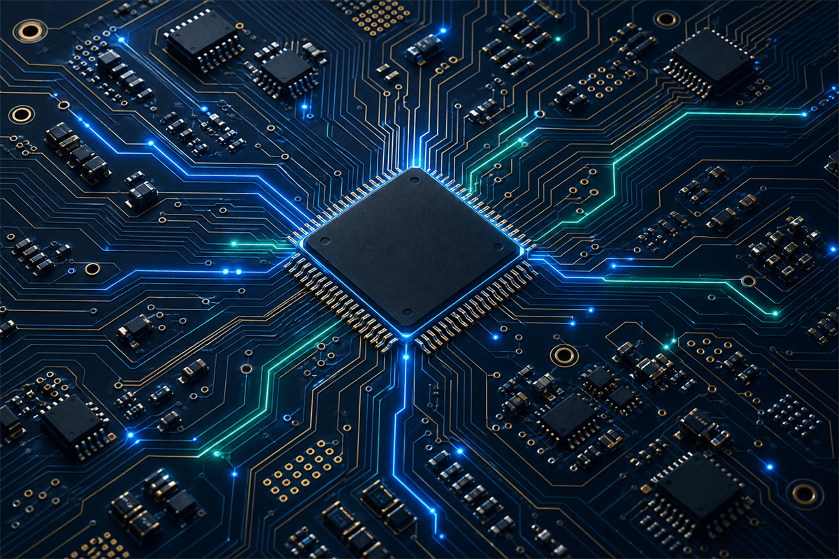 Advanced PCB layout with HDI microvias, fine copper routing, and a central IC chip