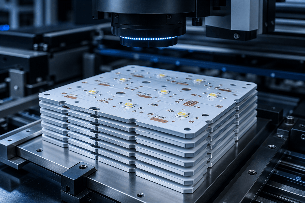 SJPCB stacked aluminum metal-core PCBs under precision inspection equipment