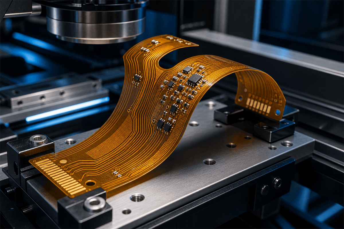 Curved flexible PCB with copper traces on a precision manufacturing platform