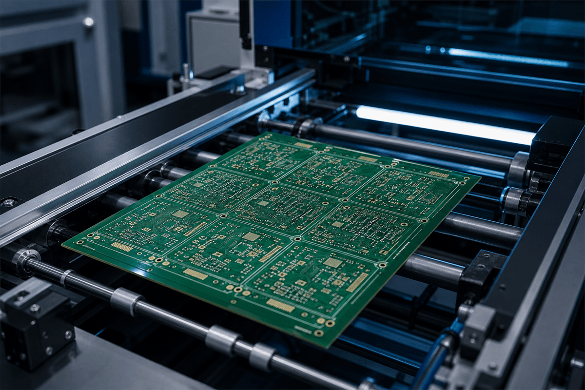 SJPCB PCB panel moving through precision manufacturing equipment in Shenzhen factory