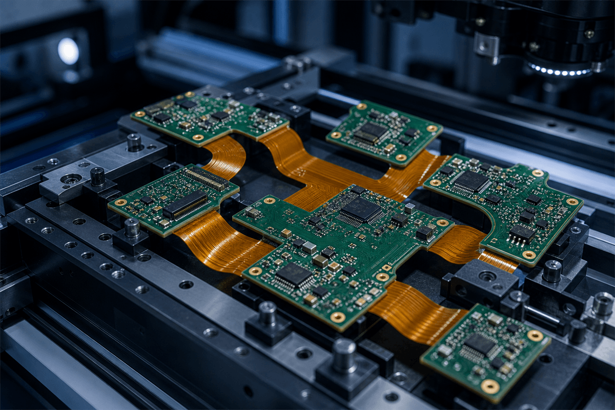 SJPCB rigid-flex PCB assembly with rigid boards connected by flexible circuit sections